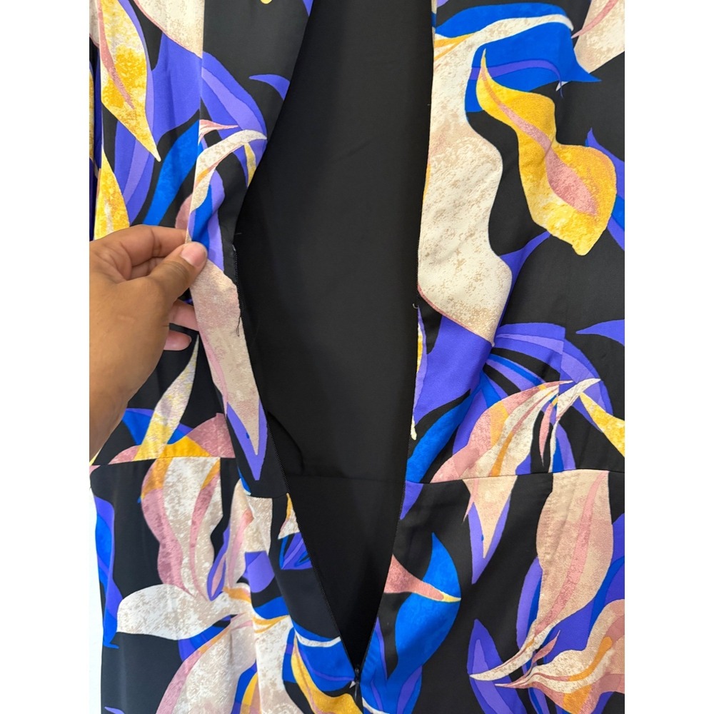 Maggy London Blue Purple Botanical Leaf Print Ruffle Hem Midi Dress Size 14 - Picture 9 of 12